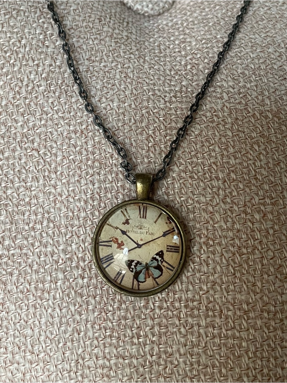 Vintage-Inspired Butterfly Clock Pendant Necklace in Brass Tone